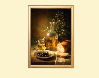 Impressionist Still Life With Olive Oil And Bread: Kitchen Wall Decor (Digital Download)