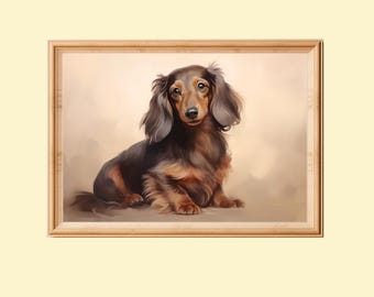 ヴィンテージ ロングヘア ダックスフント アートプリント：犬好きへの
