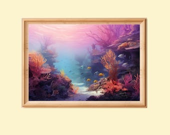 サンゴ礁の熱帯魚プリント：水中海景ウォールアート（デジタル