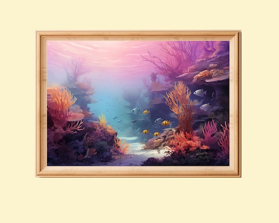 サンゴ礁の熱帯魚プリント：水中海景ウォールアート（デジタル