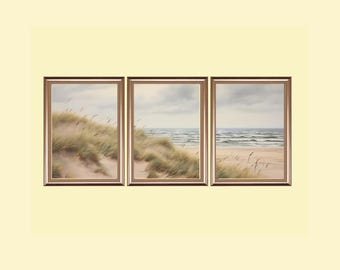 Láminas artísticas de escenas de playa costera: Paisaje marino neutro estilo cottagecore (descarga digital)