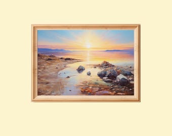 Impression d'art coucher de soleil sur la plage : peinture de paysage côtier (téléchargement numérique)