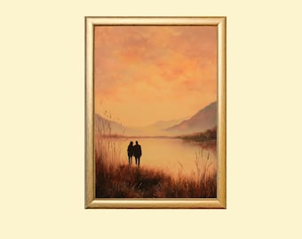 Pintura de una pareja romántica junto al lago al atardecer: Arte de amor (Descarga digital)