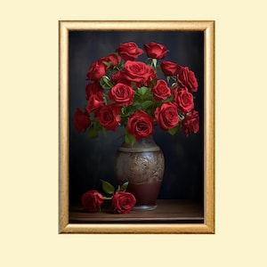Printable Dark Red Roses Still Life Painting, Home Decor Printable Rustic Floral Art, Moody Vintage Painting Of Flowers, Instant Download
