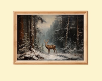 Vintage Deer in Winter Forest Print: Snowy Forest Wall Art (Digital Download)