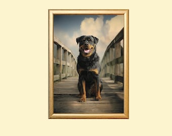 Może przedstawiać: Oprawiony portret psa rasy Rottweiler siedzącego na drewnianym moście. Pies ma czarno-brązowe futro i uśmiecha się. Tło przedstawia zachmurzone niebo i drewniany most z barierkami.