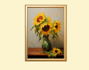 Sunflower Still Life Painting: Impressionist Rustic Home Decor (Digital Download)