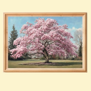 Peut inclure: Peinture encadrée d'un grand arbre en pleine floraison avec des fleurs roses. L'arbre est situé dans une zone herbeuse, avec une maison et d'autres arbres en arrière-plan. Le ciel est bleu avec quelques nuages.
