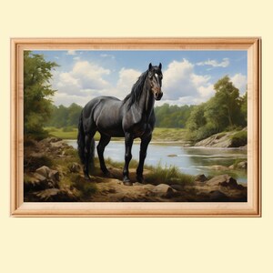 Schwarzes Pferd Wandkunst, Vintage Pferdemalerei, druckbare Wandkunst, Bauernhaus-Wand-Dekor, Vintage Print Sofortiger Download