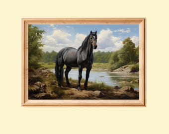 Vintage Black Horse Painting: Farmhouse Wall Art (Digital Download)