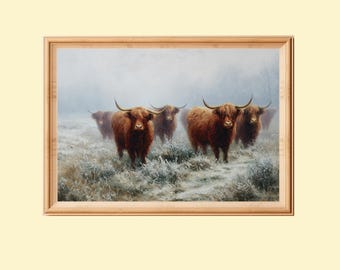 Highland Cattle In Winter Print: Rustic Farmhouse Animal Wall Art (Digital Download)