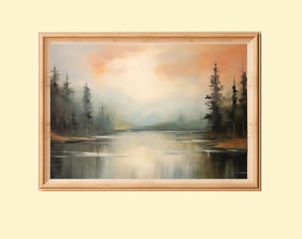 Muted Earth Tone River Landscape Art Print: Rustic Farmhouse Decor (Instant Download)