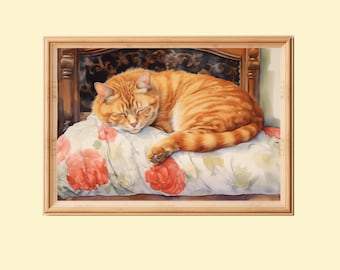Ginger Tabby Cat Sleeping: Printable Watercolor Animal Wall Art (Digital Download)