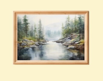 Vintage Forest River Landscape Painting: Moody Rustic Wall Art (Digital Print)
