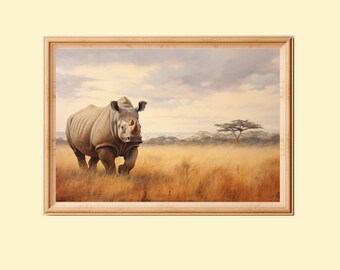 African Rhino Art Print, Savannah Landscape, Wildlife Decor (Digital Download)