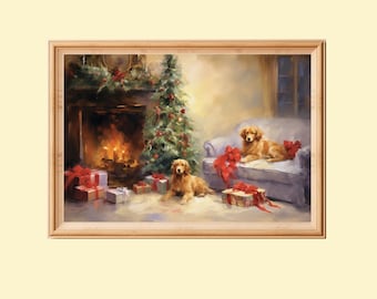 May include: A painting of a cozy Christmas scene with two golden retrievers, a decorated Christmas tree, a fireplace, and presents under the tree.