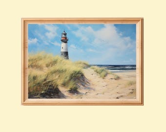 Pintura vintage de un faro marino: decoración de playa costera (descarga digital)