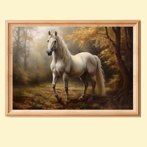 Vintage White Horse In Autumn Landscape Painting: Farmhouse Wall Art (Digital Download)