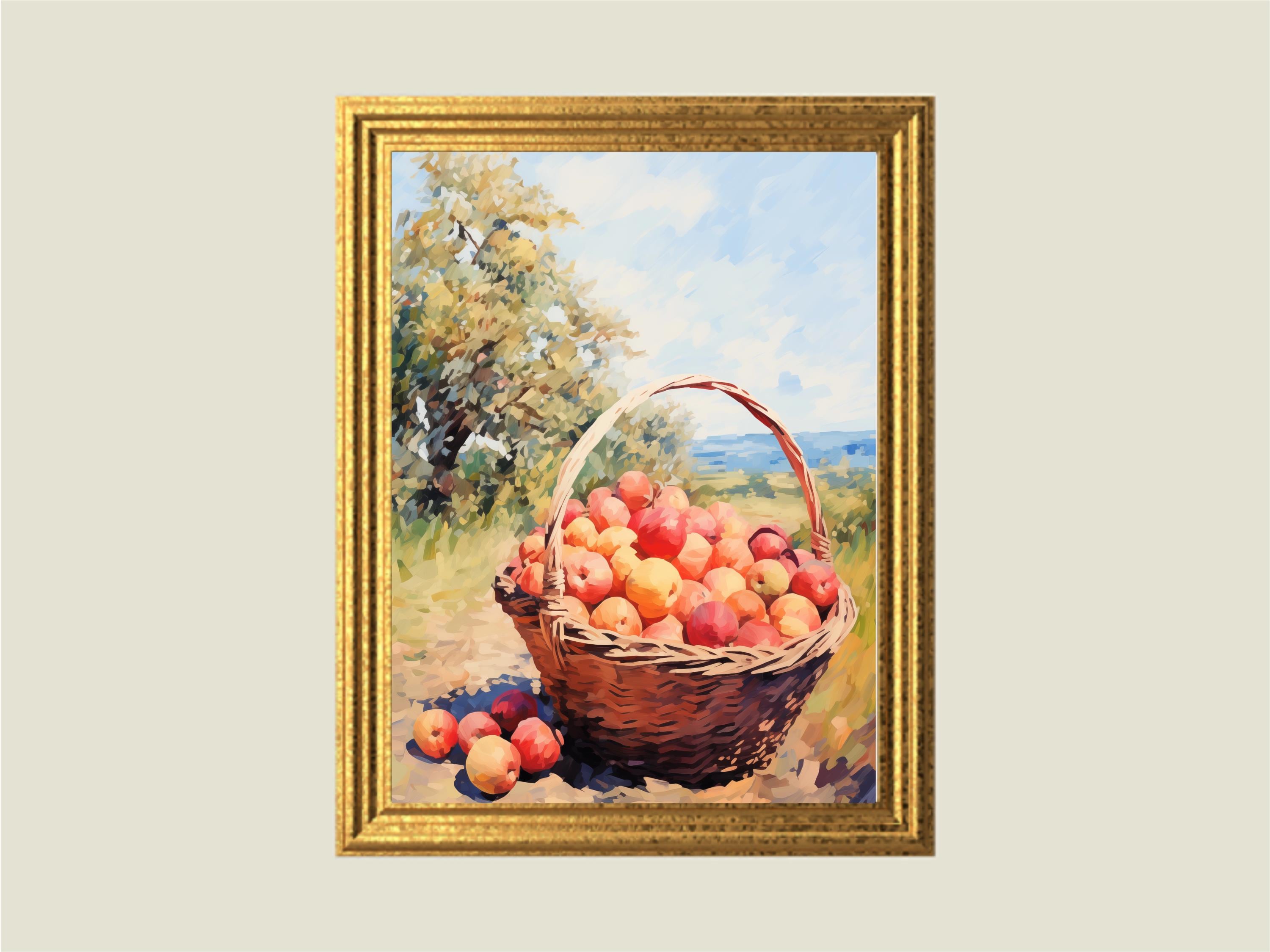 リンゴかごの印刷可能な絵画：印象派の秋の収穫のアートワーク