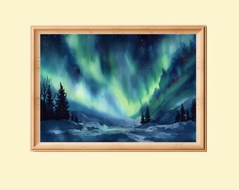 オリジナル水彩画「オーロラの絵画：灯台の冬の風景」8x12インチの