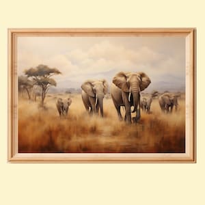 Herd Of African Elephants In The Savannah Wall Art, African Landscape Painting, African Animal Art, Wildlife Home Decor Instant Download