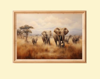 African Elephants Savannah Art Print: Wildlife Landscape (Digital Download
