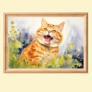 Cute Happy Kitten Painting Printable, Ginger Tabby Cat Digital Artwork, Animal Wall Art Download, Cat Lover Gift, Nursery Decor