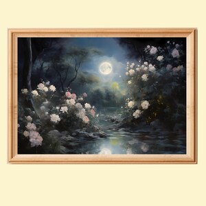 Romantic Moody Impressionist Painting Of A Garden In The Moonlight, Printable Digital Art, Dark Cottagecore Wall Art Print, Instant Download
