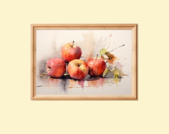 May include: Watercolour painting of four red apples with green leaves on a white background. The apples are arranged in a pyramid shape, with the largest apple at the top.