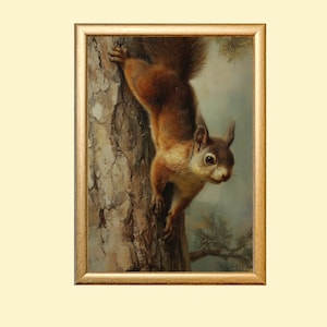 May include: A framed painting depicting a squirrel on a tree trunk. The squirrel has reddish-brown fur and a bushy tail. The tree trunk has light brown bark. The painting is in a gold-coloured frame.