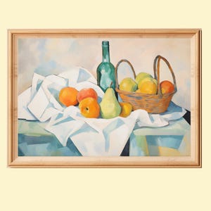 Still Life Painting Fruit Basket And Bottle, Printable Wall Art, Fruit Painting, Vintage Kitchen Decor, Farmhouse Wall Art, Digital Download
