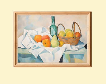 Naturaleza muerta con cesta de frutas vintage: Decoración de cocina rústica (Descarga digital)
