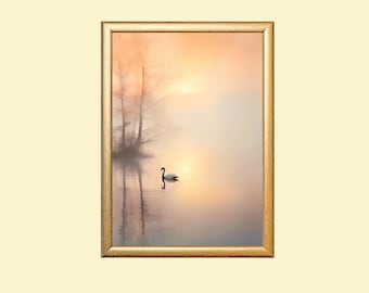 Misty Lake Sunrise Art Print: Serene Swan Landscape (Digital Download)