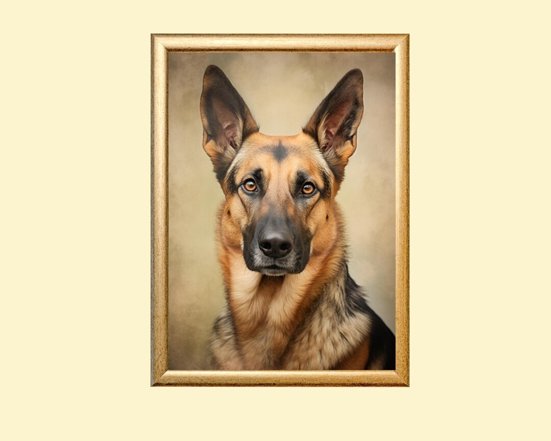 ジャーマン　シェパード　油絵　手描き　原画　油彩画 ヴィンテージのジャーマンシェパードの油絵：農家の犬アート（デジタル