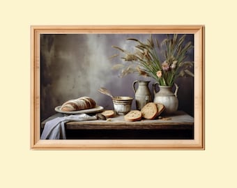 May include: A still life photograph featuring a rustic wooden table with a loaf of bread, sliced bread, a bowl, and two ceramic vases with a bouquet of dried flowers. The background is a textured wall with a muted colour palette.