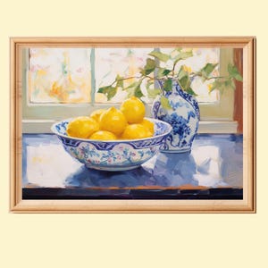 Lemon Still Life Artwork, Kitchen Lemons Art Print, Farmhouse Painting Of Lemons, Fruit Wall Decor Print Digital Download