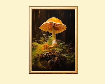 Mushrooms In Autumn Forest Printable Painting, Vintage Wall Art, Fall Home Decor, Instant Download