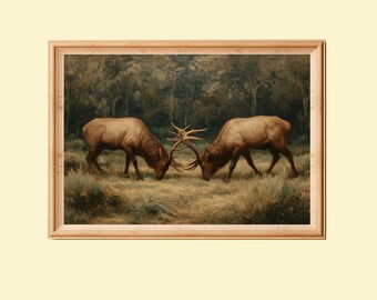 Two Bull Elk Fighting: Rustic Wildlife Wall Art (Digital Download)