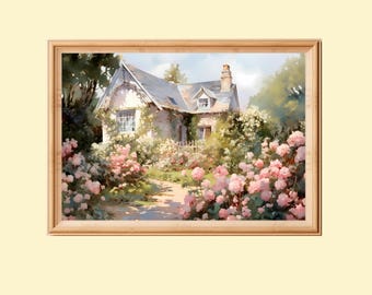 Lámina artística de jardín de rosas rosadas: decoración impresionista cottagecore (descarga digital)