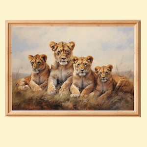 May include: A painting depicting four lion cubs sitting together in a grassy field. The cubs are all looking at the viewer with curious expressions. The painting is executed in a realistic style with soft, muted colours.