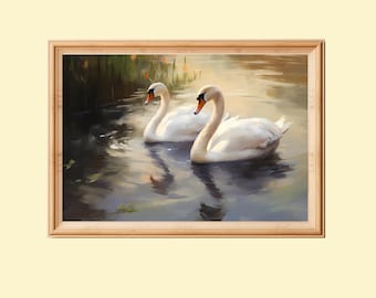 Vintage zwaankunstprint: romantisch boerderij-cottagecore-decor (digitale download)