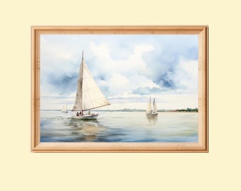 Sailboats Watercolor Printable Painting, Nautical Wall Art Print, Beach House Decor, Instant Download