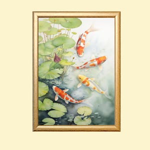 Koi Fish Watercolor Printable Painting, Koi Fish Pond Bathroom Wall Art Print, Calming Decor, Instant Download