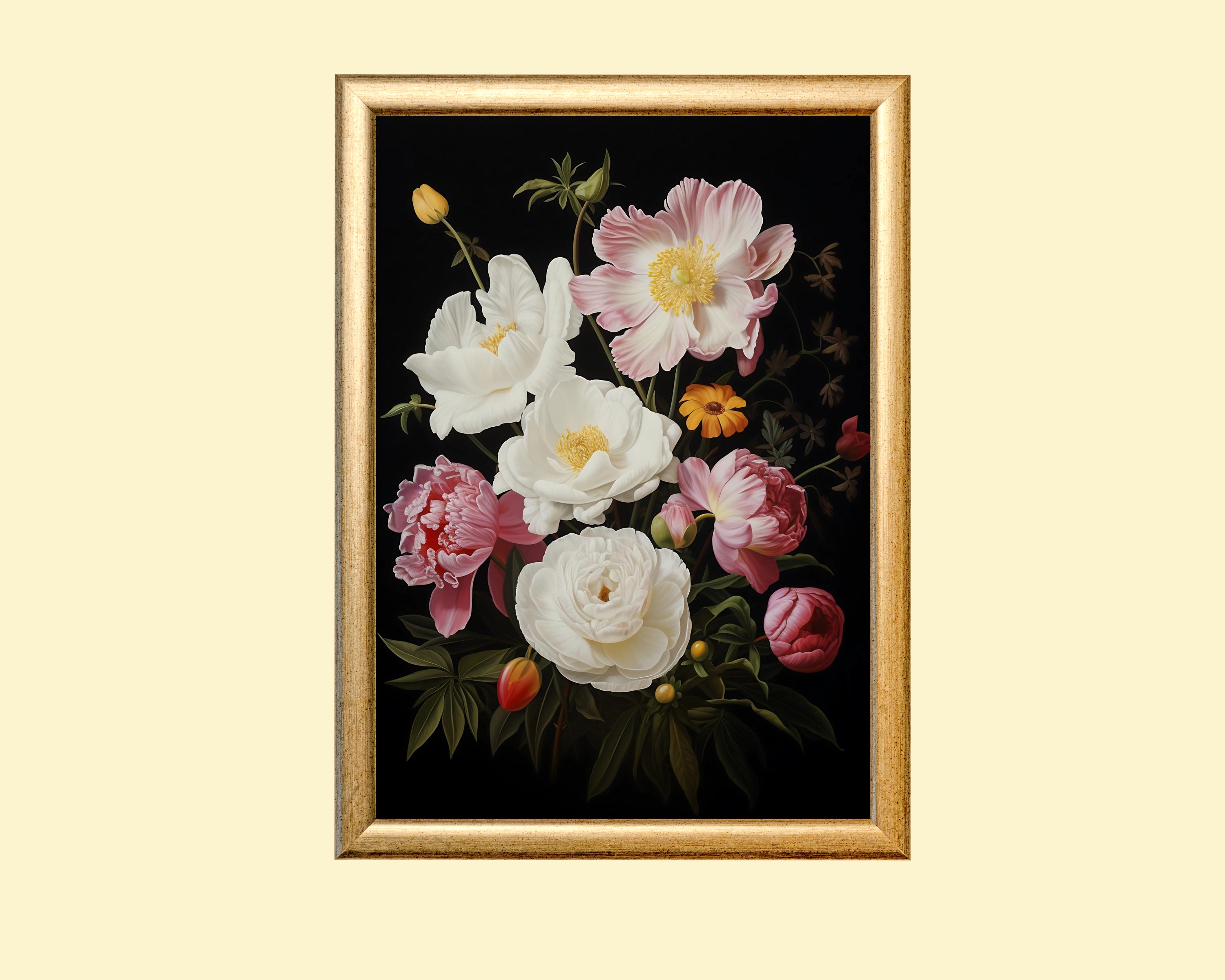 バロック様式の花束プリント：ダークな花柄アンティーク絵画（即時