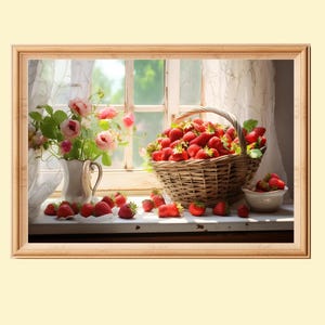 Still Life Painting Of Strawberries In The Basket, Realistic Fruit Art, Kitchen Wall Decor, Instant Download