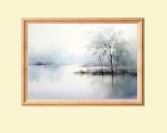 Foggy River Watercolor Painting: Cottagecore Landscape Art (Digital Download