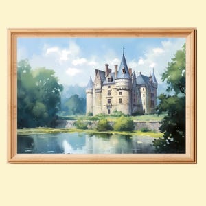Vintage French Castle Painting, French Chateau Print, European Architecture Printable Wall Art, Instant Digital Download