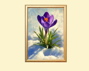 Blooming Purple Crocus Flower In Snow Painting: Winter Flower Wall Art (Digital Download)