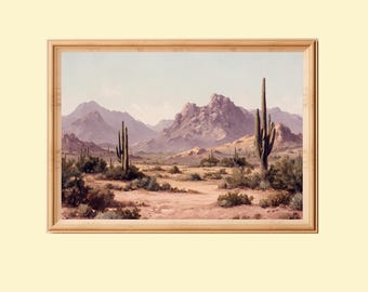 Desert Landscape With Saguaro Cacti: Rustic Landscape Painting (Digital Download)