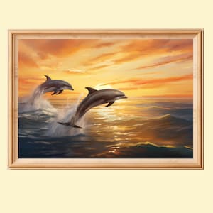 Springende Delfine auf Sonnenuntergang bunte Malerei zum ausdrucken, Ocean Wildlife Art, Strandhausdekor, Geschenk für Delfinliebhaber, Instant Download